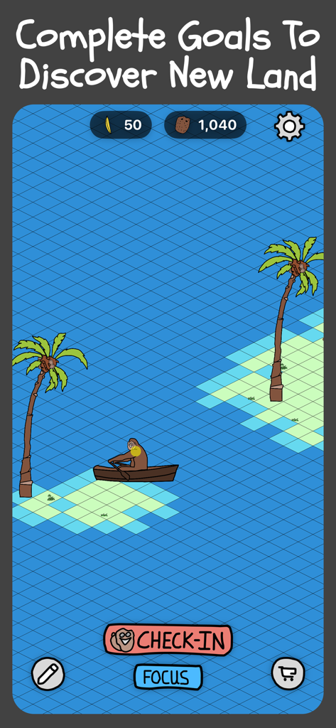 Monke - Habit Game - A monkey character in a boat on a blue grid map with palm trees and text saying Complete Goals To Discover New Land.
