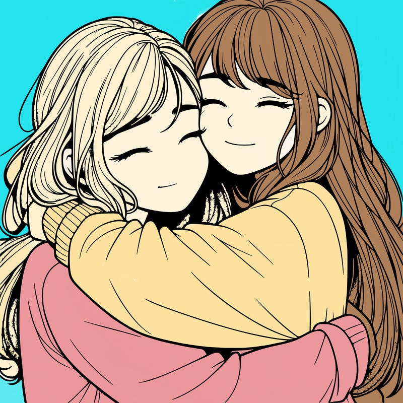 realistic two girls hugging