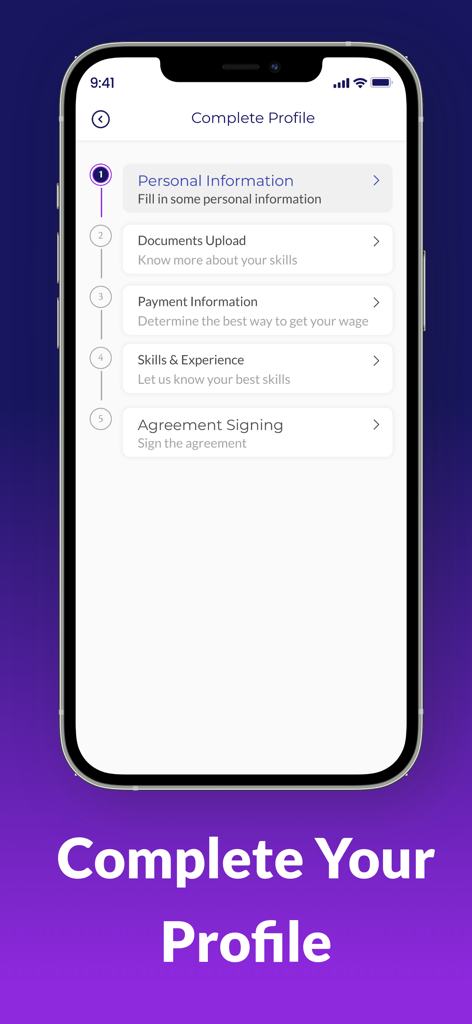 Flexijob - Flexible Shifts - Una pantalla de móvil que muestra los cinco pasos para completar un perfil en la app Flexijob, incluyendo información personal y carga de documentos.