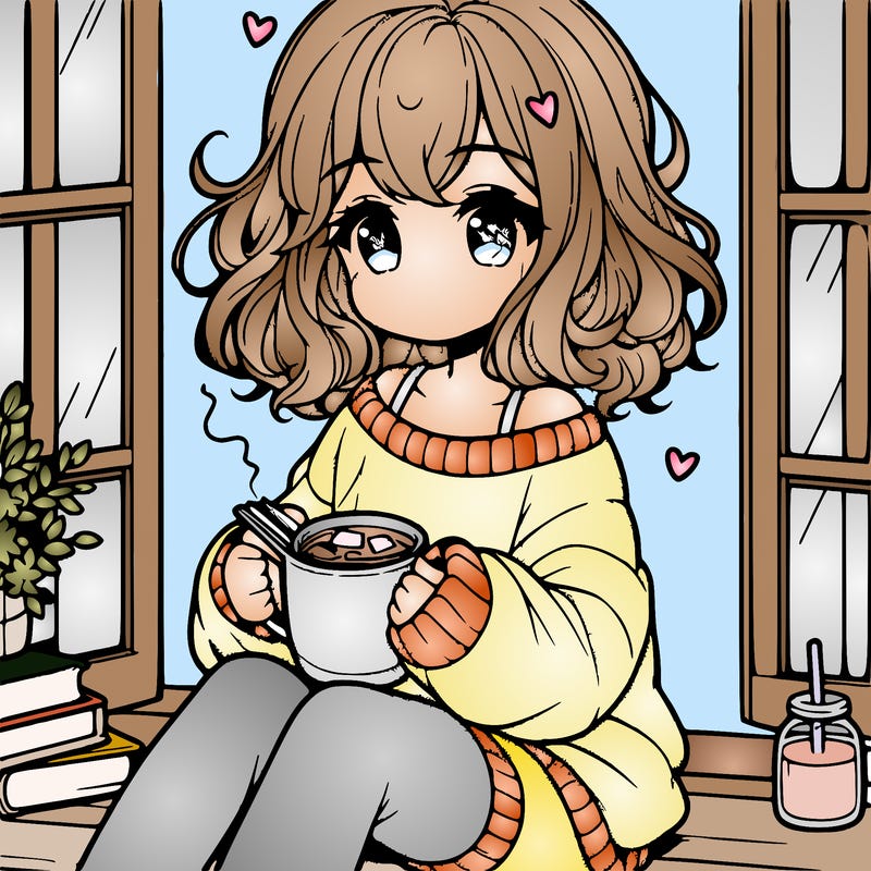 cute anime girl reading book and drinking hot chocolate from mug with loose wavy hair wearing a baggy sweatshirt and shorts sitting by windowsill looking out