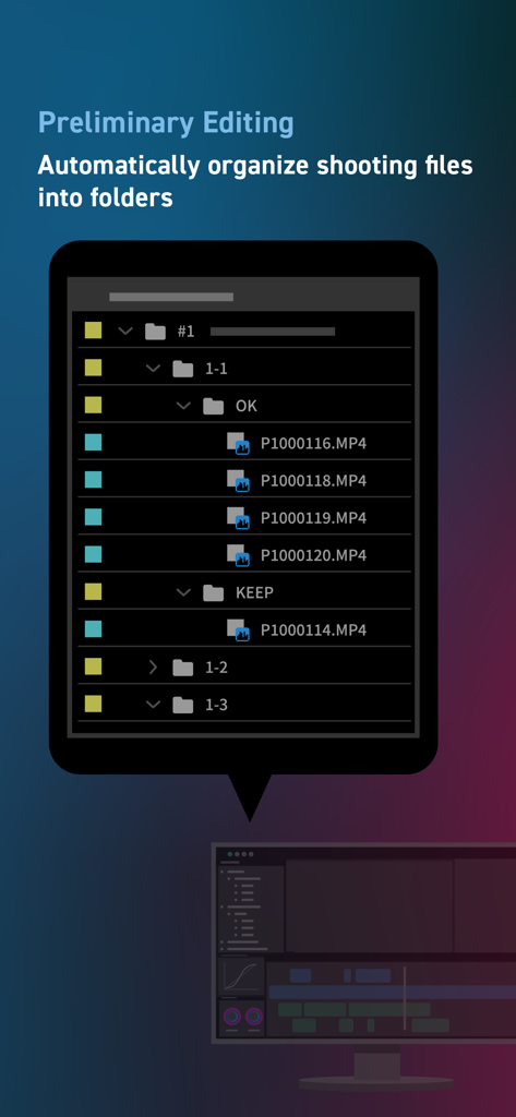Interfaccia dell'app LUMIX Flow che mostra file video organizzati automaticamente in cartelle per il montaggio preliminare.
