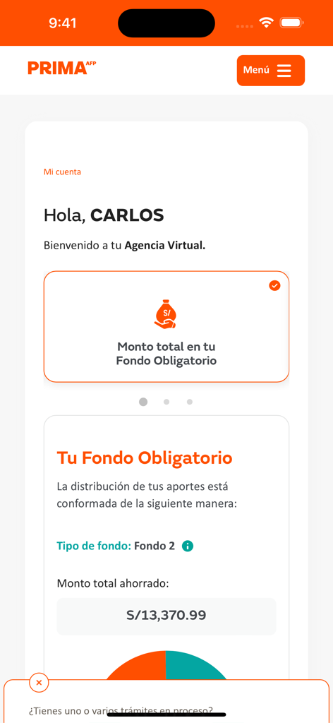 Prima AFP - Mobile dashboard of the Prima AFP app showing a user's total saved pension fund balance in Peruvian Soles.