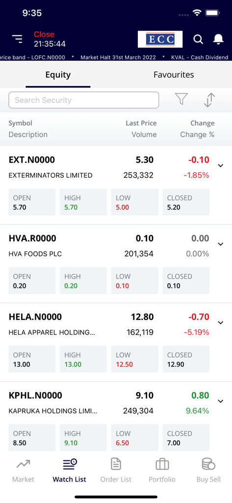 Lista de seguimiento de la aplicación de trading de acciones ATrad que muestra precios de acciones en tiempo real y datos de mercado