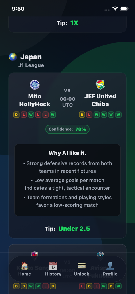 GoalSignals — Football Picks - Interfaz de la aplicación GoalSignals que muestra razonamiento de IA y puntuación de confianza para una predicción de partido de fútbol