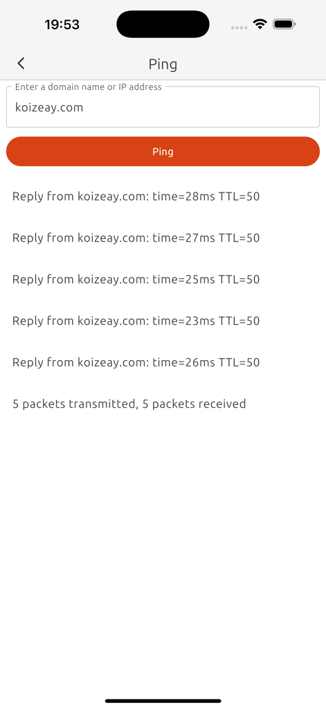 Toolbox (By Koizeay) - Toolbox app ping tool screen showing network diagnostic results for a domain