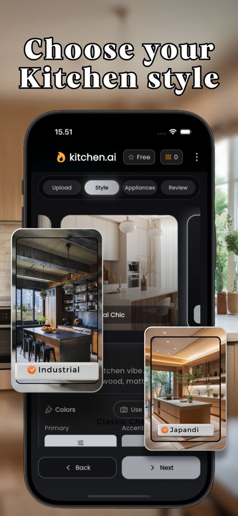 AI Kitchen Designer & Budget - Oberfläche der KI Küchenplaner-App, die Optionen für die Stile Industrial und Japandi anzeigt