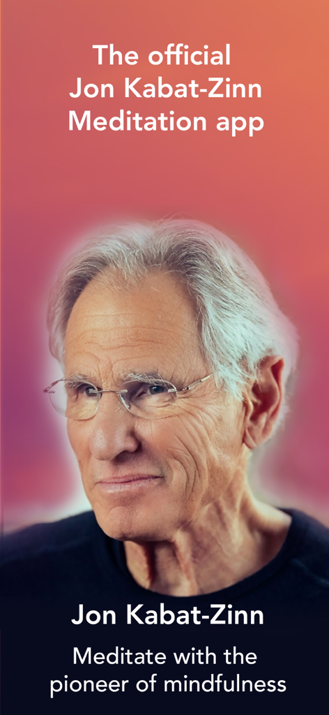 Official Jon Kabat Zinn meditation app intro screen featuring a portrait of the mindfulness pioneer