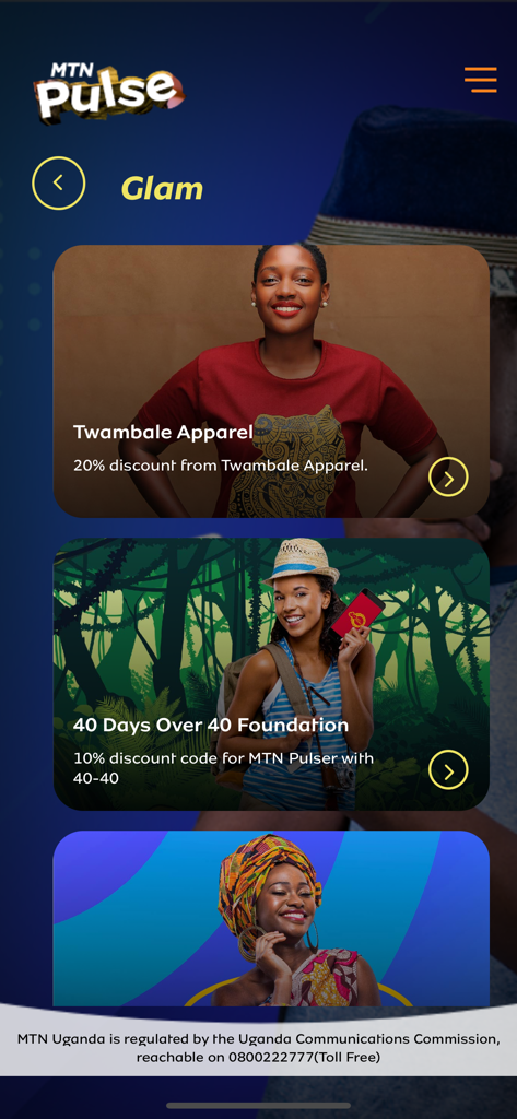 MTN Pulse Uganda app interface showing the Glam section with lifestyle discounts and rewards