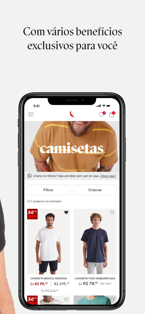 Reserva 모바일 앱 스크린샷으로 가격 및 할인 정보가 포함된 남성 티셔츠 카탈로그를 보여줌