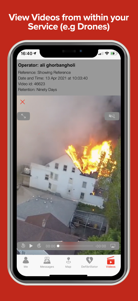 GoodSAM Responder - GoodSAM Responder app interface displaying a drone video feed of a house fire.