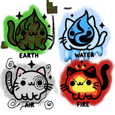 4 cats that represent the different elements, earth, water, air, and fire