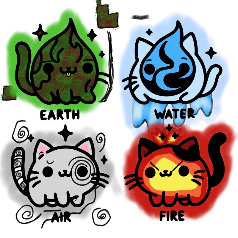 4 cats that represent the different elements, earth, water, air, and fire