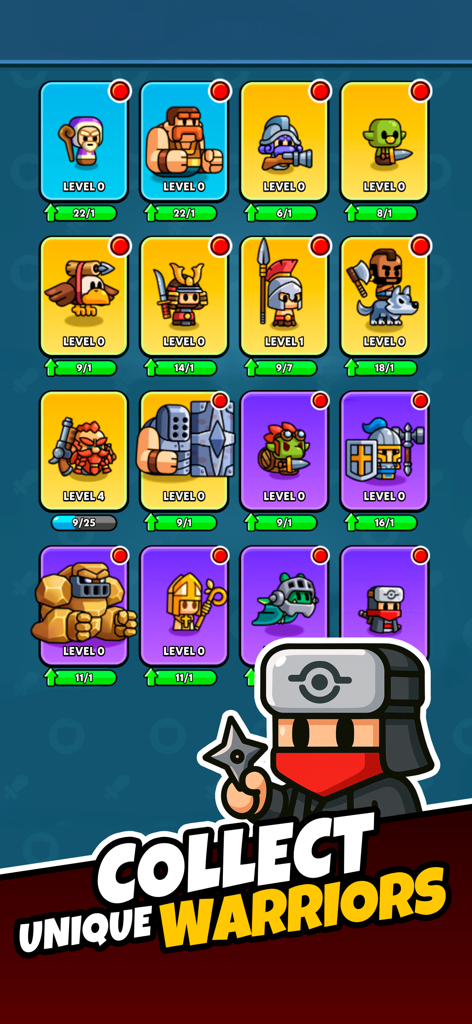 Tiny Warriors Rush - Idle TD - A menu screen in Tiny Warriors Rush showing a collection of unique warrior hero cards with levels and upgrade progress indicators.