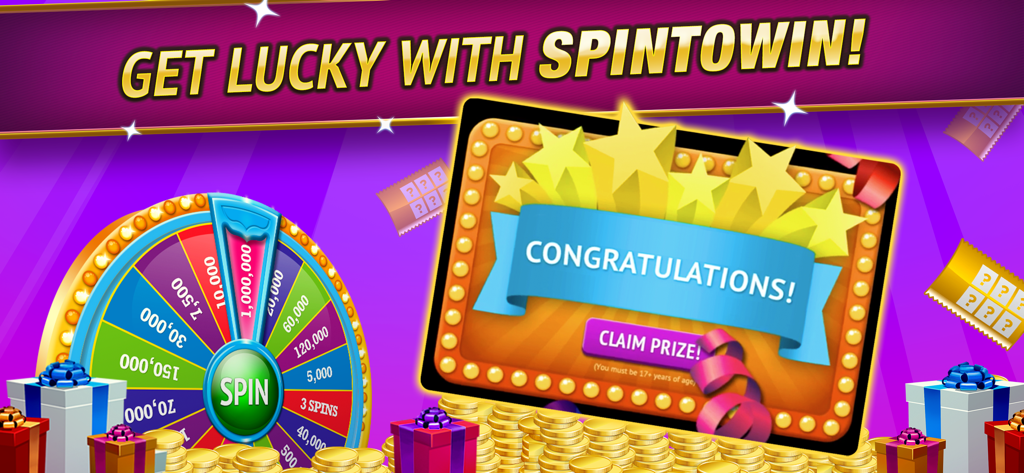 SpinToWin Slots & Sweepstakes - SpinToWin app screen showing a prize wheel and a congratulations reward banner