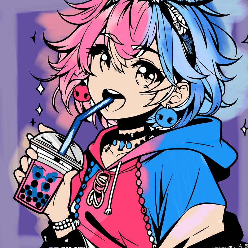 hot baddie anime girl drinking boba and biting the straw