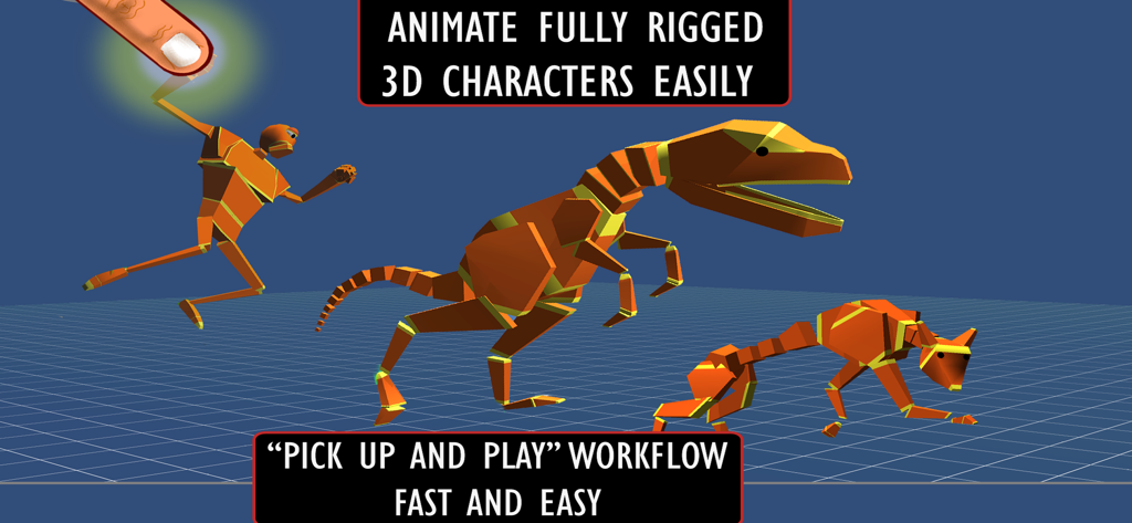 A screenshot of the Anim8 app showing 3D rigged characters including a dinosaur and human being animated with a touch interface