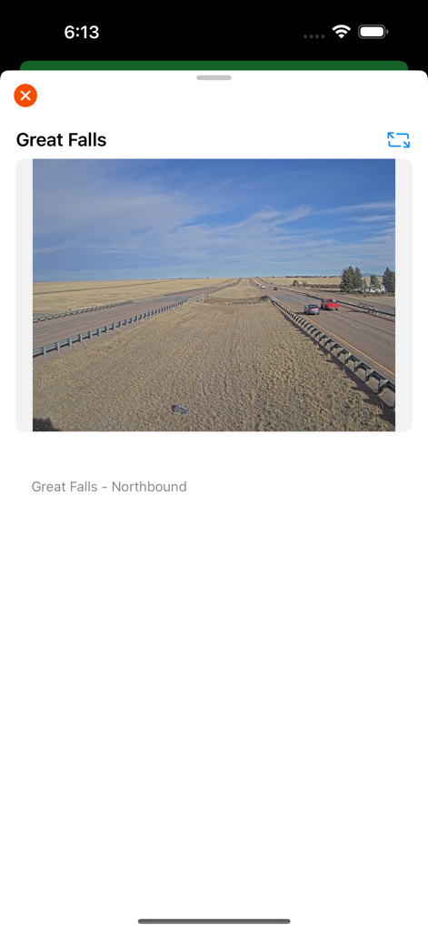 A traffic camera view of Great Falls Northbound in the Montana Traveler app showing clear highway conditions.