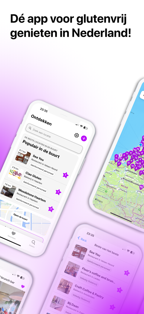 Glutenvrije Horeca - Interface of a mobile app for finding gluten free restaurants in the Netherlands with list and map views