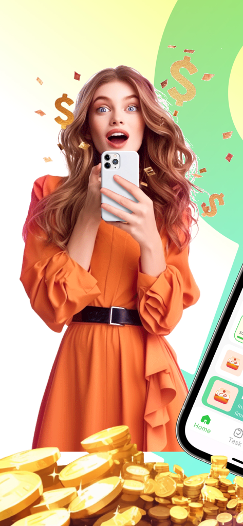 WalkTask-Walking Step Counter - 興奮した女性が、浮かんでいる金貨とドル記号に囲まれてスマートフォンを持っている