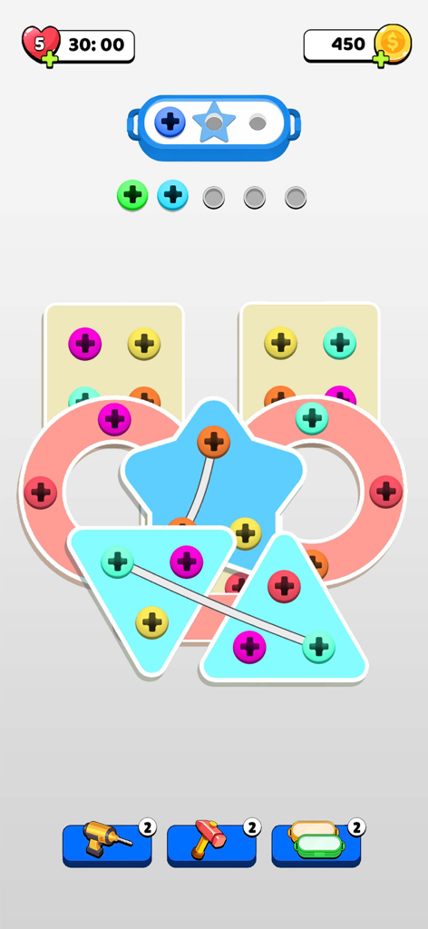 Unscrew Nuts and Bolts Jam - Jogabilidade de Unscrew Nuts and Bolts Jam mostrando um nível com formas coloridas e slots de parafusos correspondentes