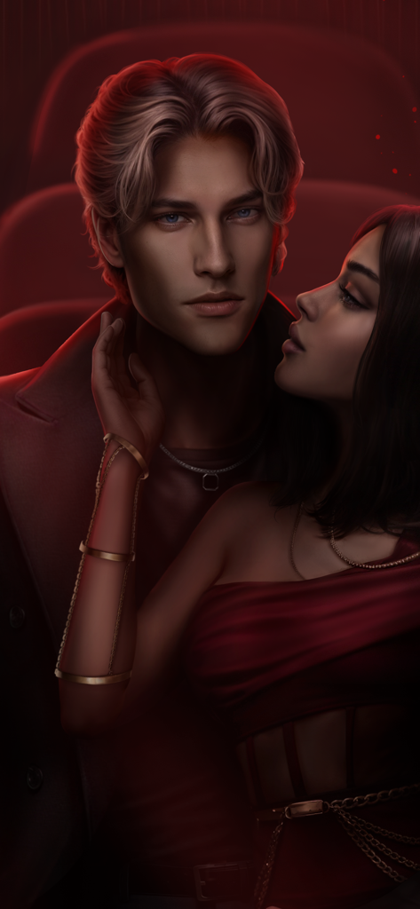 Seven Hearts Stories - Hochwertige romantische Illustration mit einem gutaussehenden blonden Mann und einer Frau in einer intimen Umarmung aus dem Spiel Seven Hearts Stories.