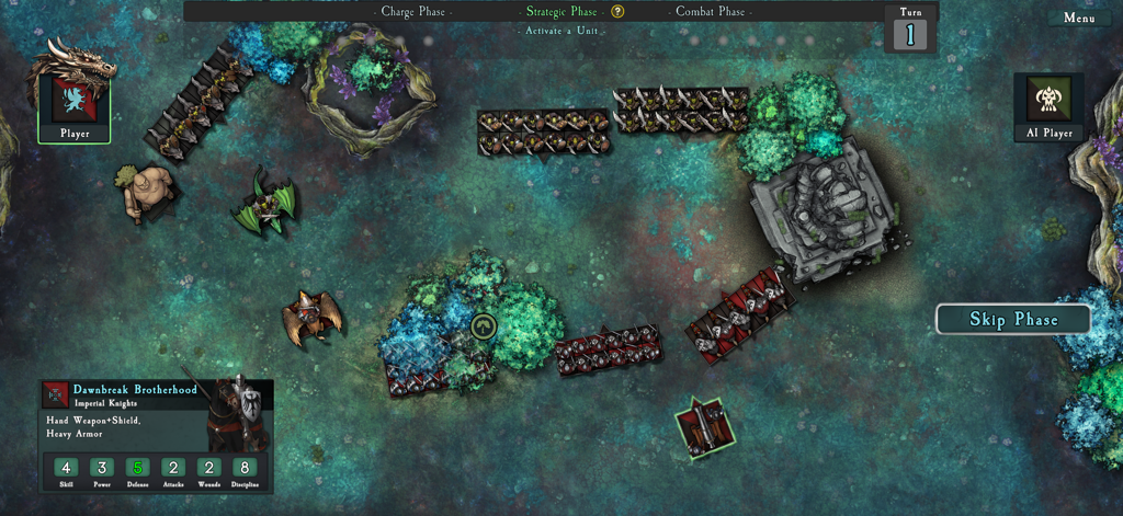 SOVL: Fantasy Warfare - Top down view of a fantasy wargame battle map showing unit positioning and unit statistics during the strategic phase.