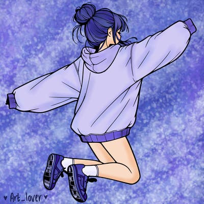 realistic girl jumping with a bun and oversized sweatshirt
