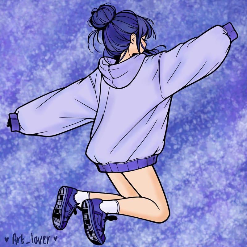 realistic girl jumping with a bun and oversized sweatshirt