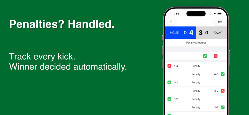 PitchSide - Pantalla del iPhone mostrando la función de seguimiento de tanda de penaltis de la aplicación deportiva PitchSide