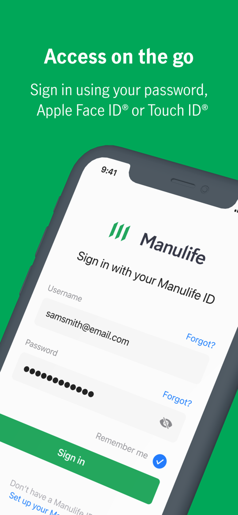 Manulife Mobile app login screen with fields for username and password