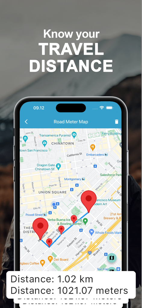 Live Earth Map & GPS Map - A smartphone showing a travel distance measurement tool with multiple pins on a city map calculating total distance in kilometers.
