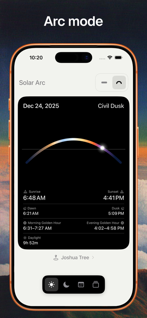 Solar Arc: Sun and Moon Widget - Interfaz de la aplicación Solar Arc que muestra el arco solar y los horarios de la hora dorada