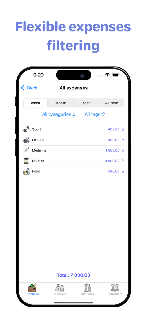Expentro:budget tracker - Expentro app interface showing weekly expenses list with flexible filtering by category and tags.