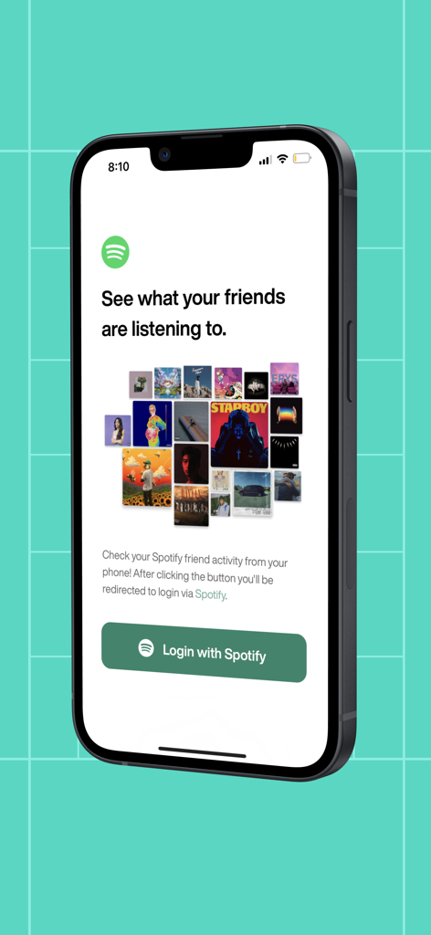 Spotivity-App-Anmeldebildschirm, der eine Collage von Albumcovern und eine Schaltfläche zur Anmeldung mit Spotify zur Anzeige von Freundaktivitäten zeigt.