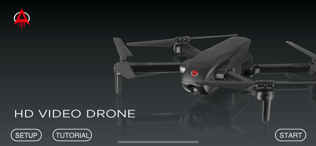Pantalla de inicio de la aplicación de dron Serie 2000 que muestra un dron negro HD y botones de menú para tutorial de configuración e inicio.