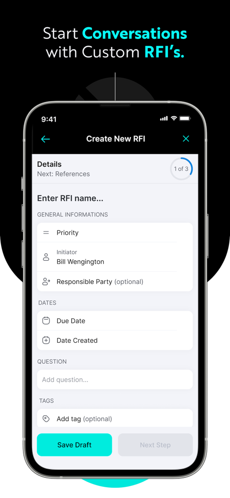 INGENIOUS.BUILD - Interface of the INGENIOUS.BUILD mobile app showing the form to create a new RFI for construction project management.