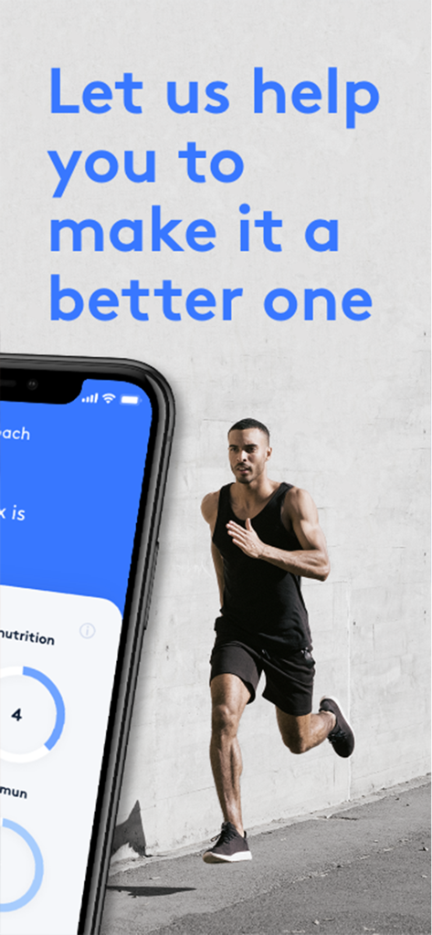 Ein Mann läuft im Freien neben einem Smartphone mit dem vicoach-App-Dashboard