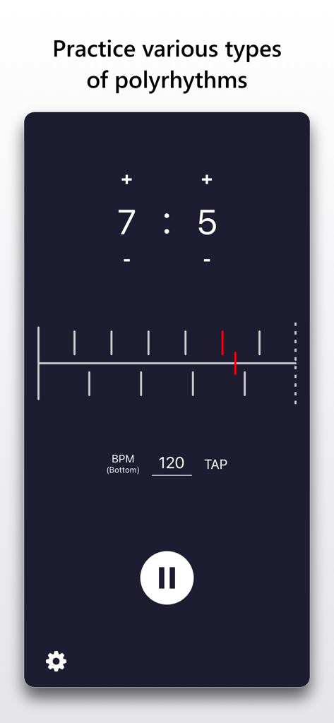 Polyrhythm metronome app interface displaying a seven to five rhythm ratio visualization