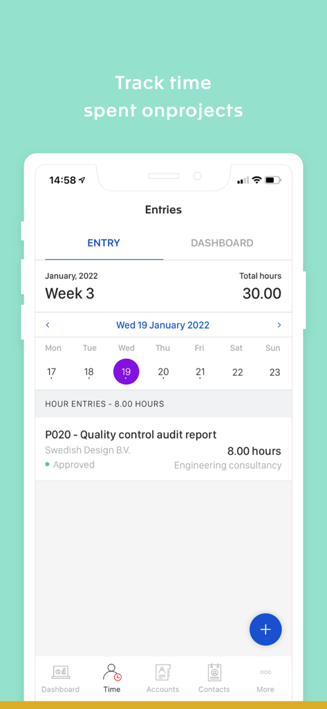 Exact Online - Écran de l'application Exact Online montrant les entrées de suivi du temps pour les projets d'entreprise