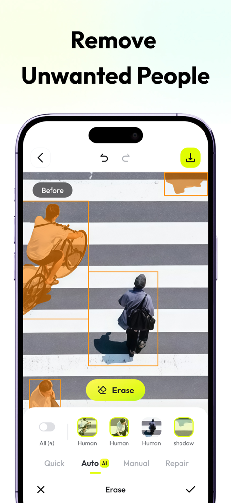 Smartphone screen showing AnyEraser app removing people and a cyclist from a crosswalk photo using AI