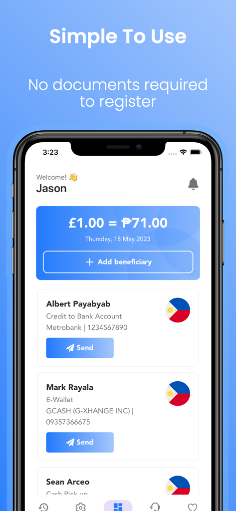 BCRemit - BCRemit App-Oberfläche, die Wechselkurse und eine Empfängerliste für Geldüberweisungen auf die Philippinen anzeigt