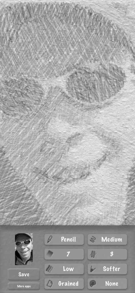 Interface of the SketchMee app showing a detailed pencil sketch of a man and editing controls