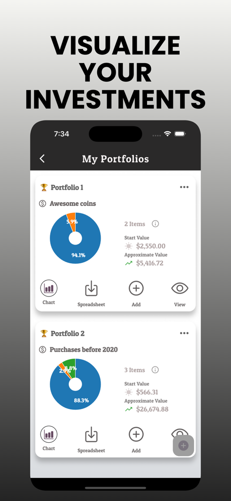 Gold Calculator ￮ - Mobile app dashboard showing gold and silver coin investment portfolios with donut charts and market valuations