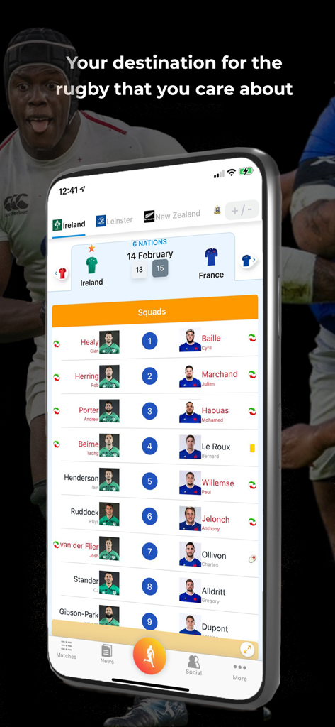 Ultimate Rugby - Ultimate Rugby app displaying Ireland vs France Six Nations match squads and player lineups