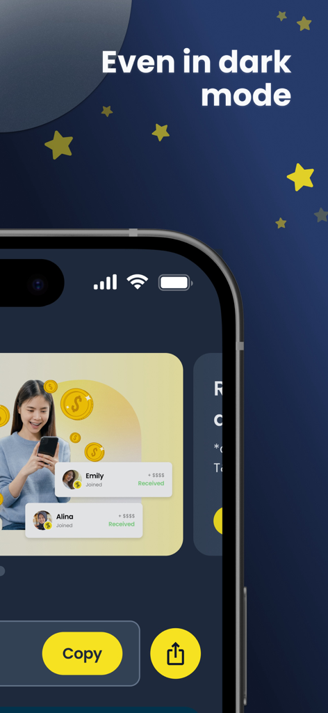 MoneyMatch - MoneyMatch app screenshot featuring dark mode and referral rewards interface