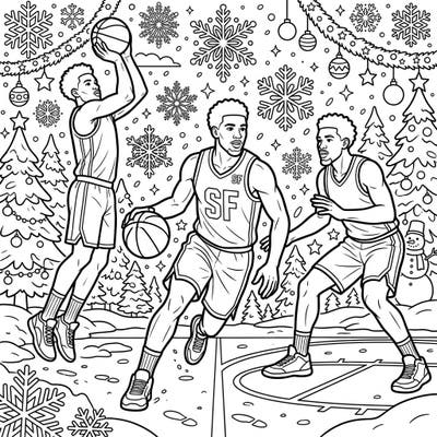 Experience the thrill of basketball meeting the magic of winter with this dynamic coloring page. Featuring skilled NBA Small Forwards playing amidst a festive, snowy landscape, it's perfect for sports enthusiasts and holiday celebrators alike.