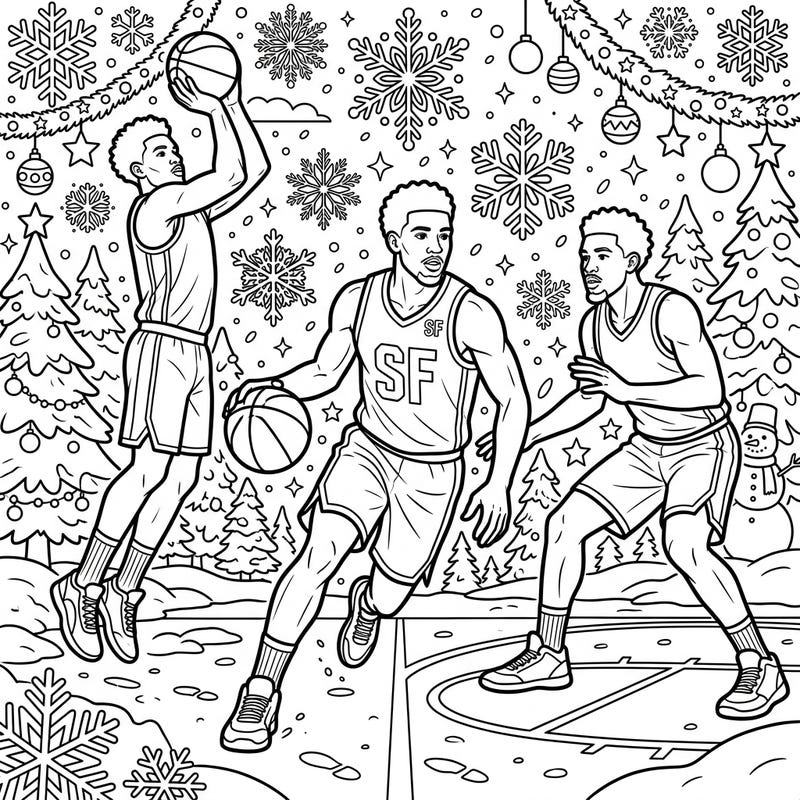 Experience the thrill of basketball meeting the magic of winter with this dynamic coloring page. Featuring skilled NBA Small Forwards playing amidst a festive, snowy landscape, it's perfect for sports enthusiasts and holiday celebrators alike.