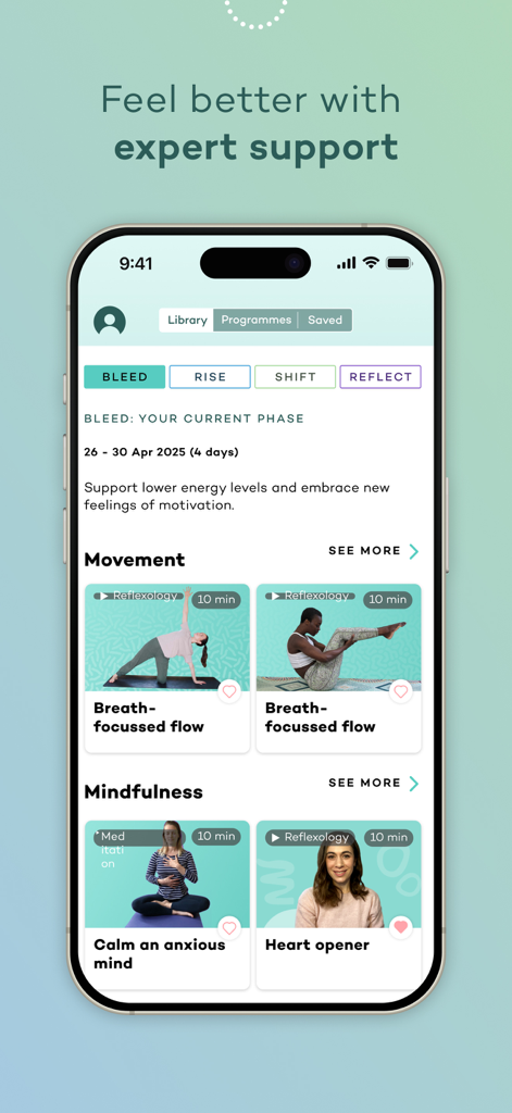 Moody Month: Hormone Tracker - Moody Month app interface showing wellness programs including movement and mindfulness videos for different cycle phases.