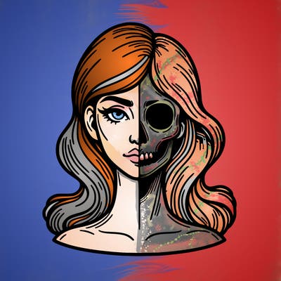 bust of a woman, half face and hair, half skull