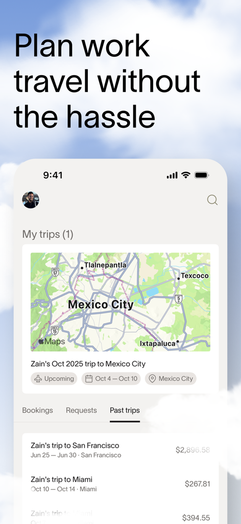 Ramp - Ramp mobile app interface showing business travel planning with a map of Mexico City and past trip history